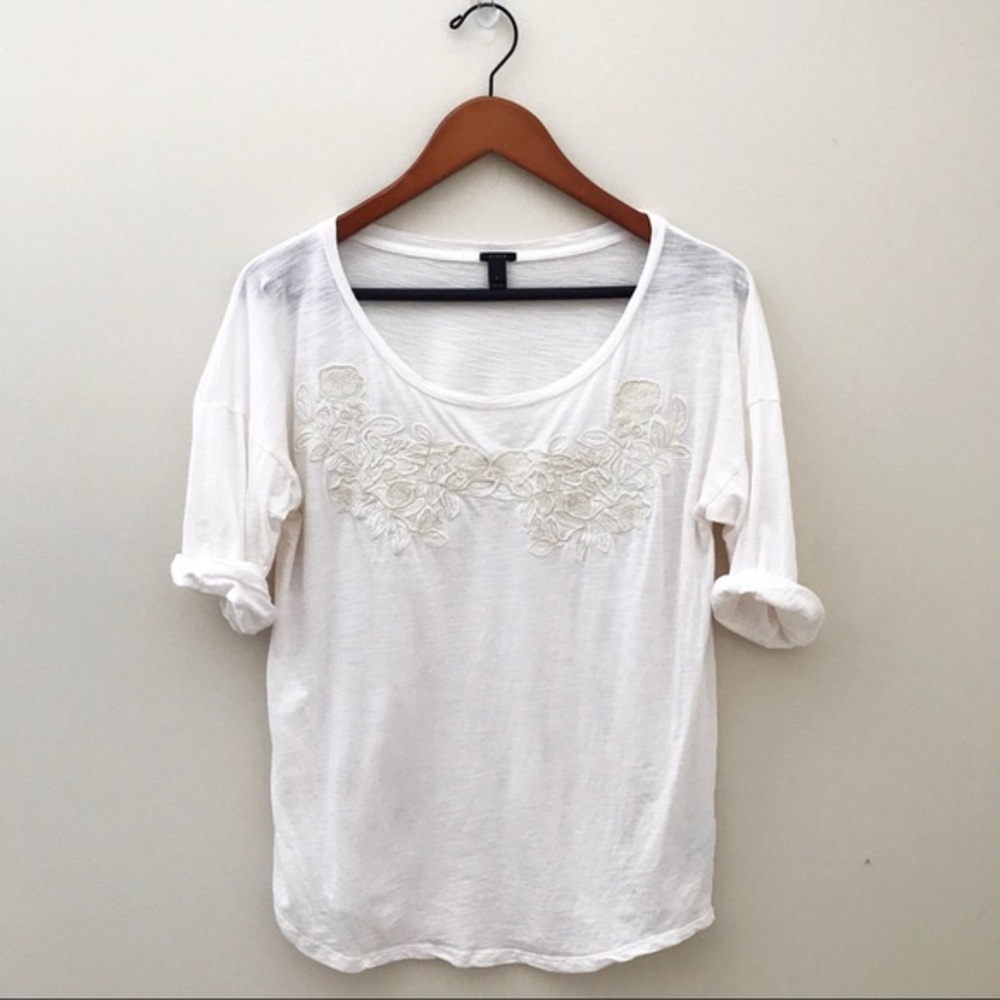 J Crew White Floral Appliqué Shirt